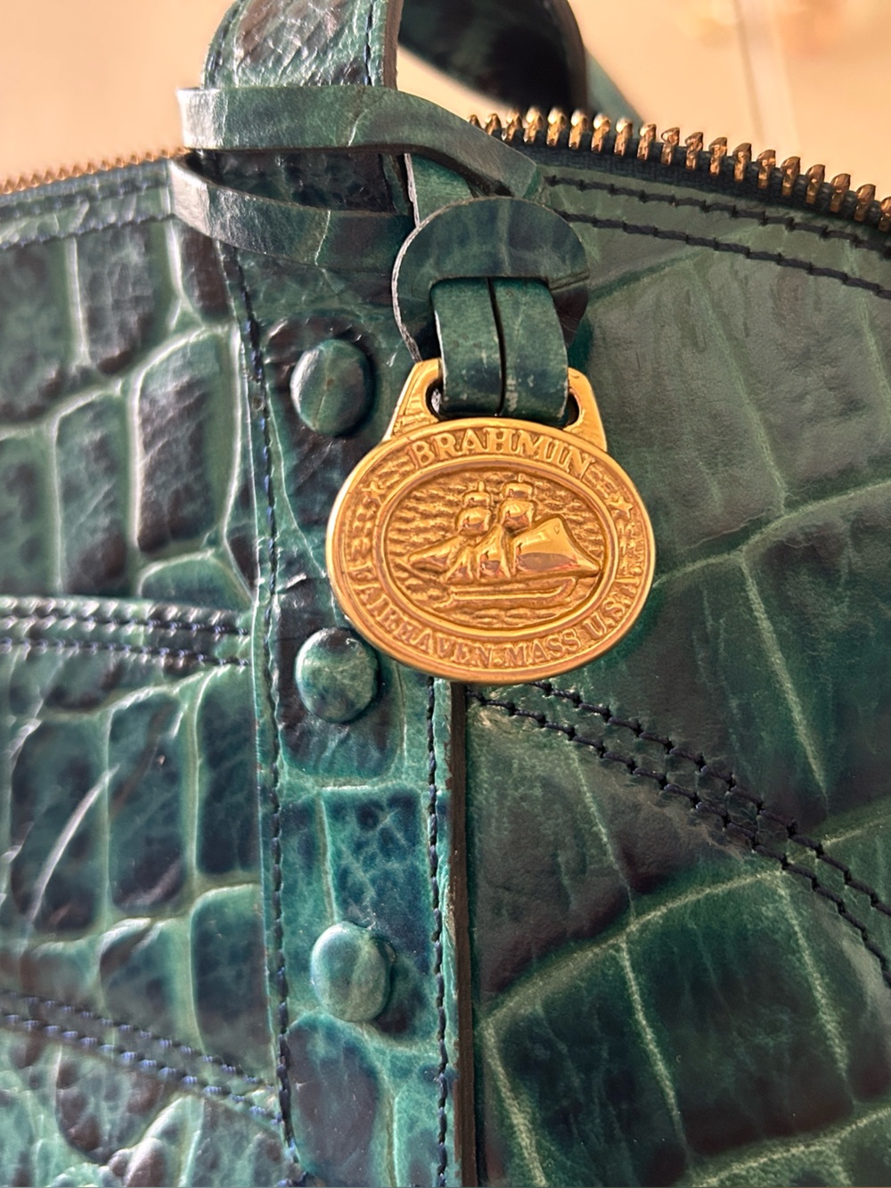 Brahmin Turquoise Croc-Embossed Leather Shoulder Bag - Picture 2 of 4